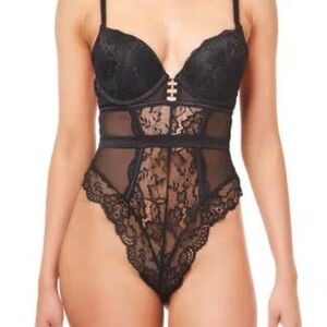 RACHEL ROY Lace Mesh Teddy In Black Size Medium
